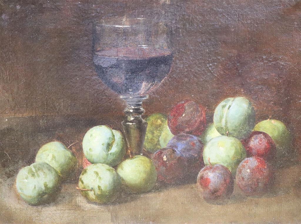 Continental School c.1900, oil on canvas, Still life of a glass of wine, greengages and plums, 24 x 31cm
